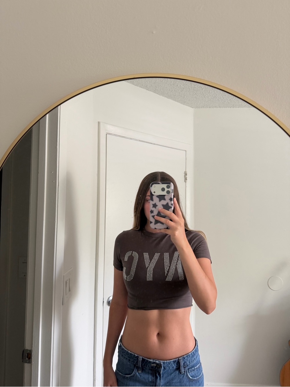 SHEIN Brown 'NYC' Rhinestone Crop Tee